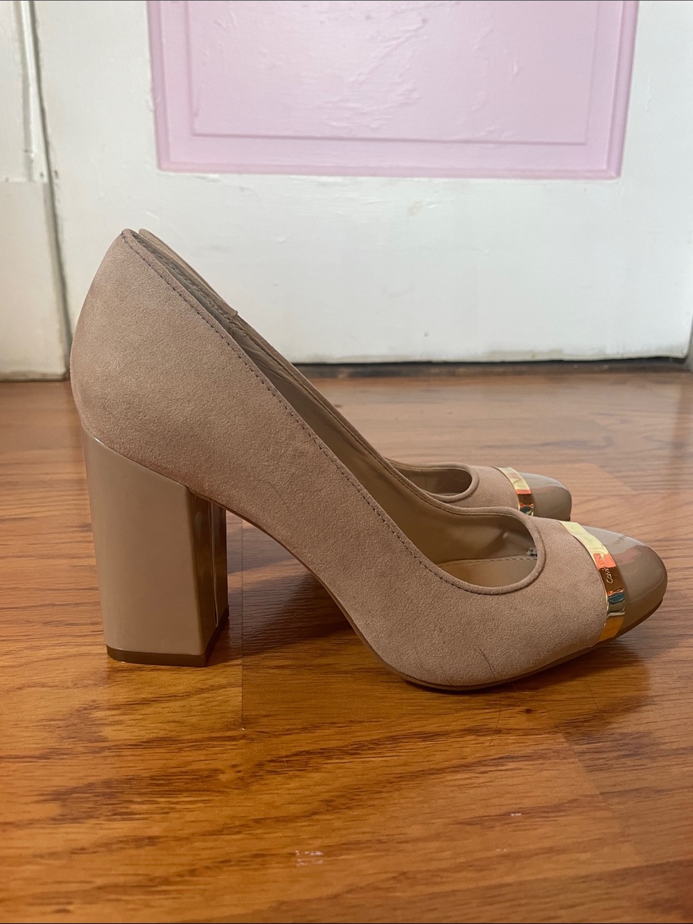Calvin Klein Taupe Suede Block Heel Pumps with Gold Trim